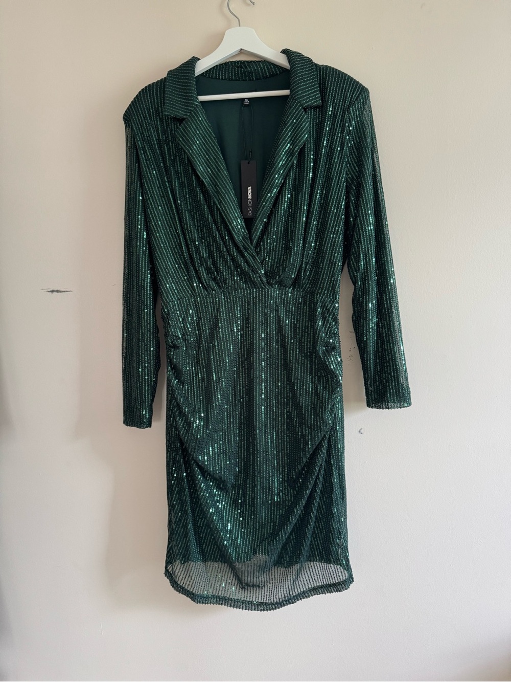Fashion Nova Emerald Green Sequin Long Sleeve Wrap Dress
